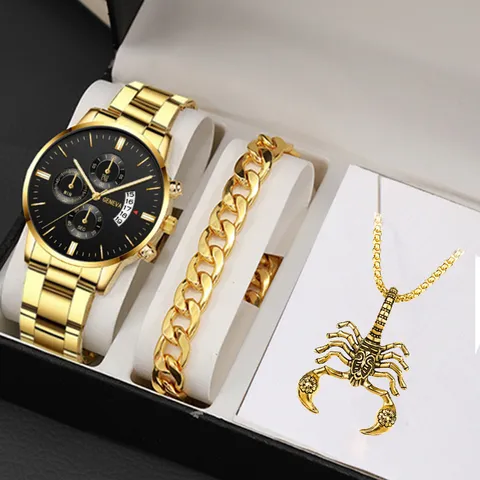 Moda Orologio al Quarzo da Uomo Cinturino in Lega di Acciaio Calendario Quadrante Grande Bracciale Collana Scorpione Set di Gioielli