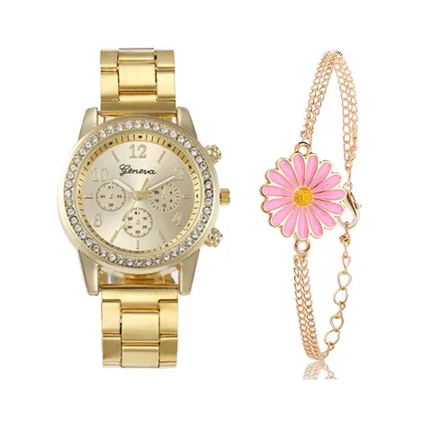 New Fashion Women Quartz Watch Alloy Rhinestone Glass Mirror Faux Leather Strap Casual Elegant Wristwatch Bracelet Set