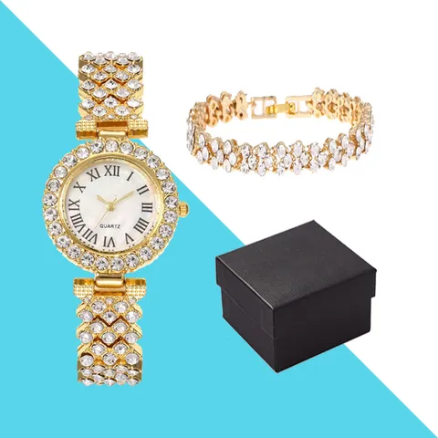 Luxus Damen Strass Quarzuhr Armband Set Römische Ziffern Legierung Kunstlederband Uhr Und Armband Schmuckset