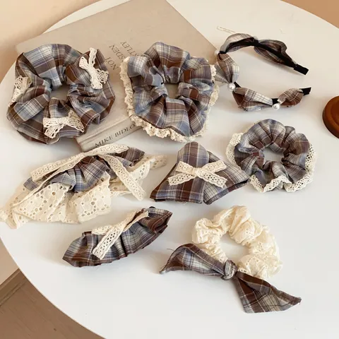 Preppy Style Coffee Plaid Fabric Scrunchie Elegant Lace Trim Hair Band Versatile Plaid Bow Hair Rope Hair Accessories For Women