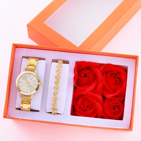 Damen Mode Elegant Luxus Schmuck Uhr Set Für Frauen Gold Silber Roségold Legierung Strass Herz Anhänger Halskette Ohrringe Ring Armband Geschenkset