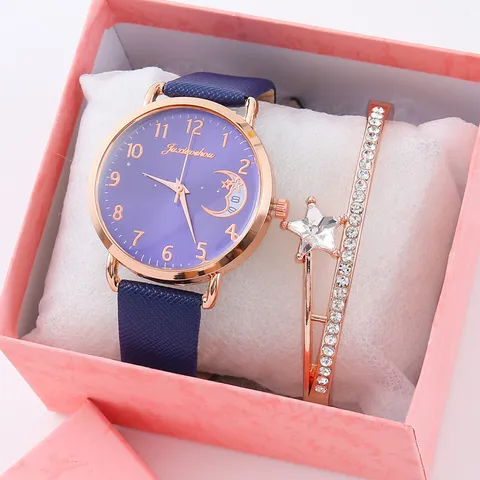 Orologio al Quarzo da Donna alla Moda Quadrante Cielo Stellato Stella Luna Cinturino in Pelle PU Bracciale Stella con Strass Set Regalo Elegante Orologio Analogico per Gioielli Quotidiani
