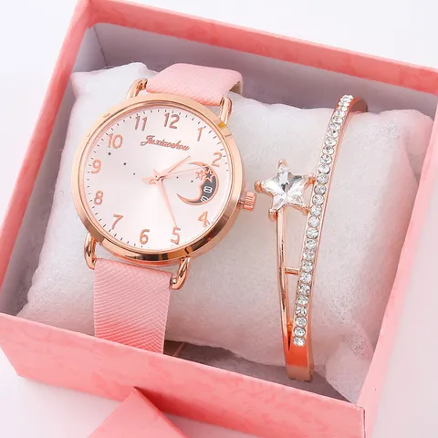 Orologio al Quarzo da Donna alla Moda Quadrante Cielo Stellato Stella Luna Cinturino in Pelle PU Bracciale Stella con Strass Set Regalo Elegante Orologio Analogico per Gioielli Quotidiani