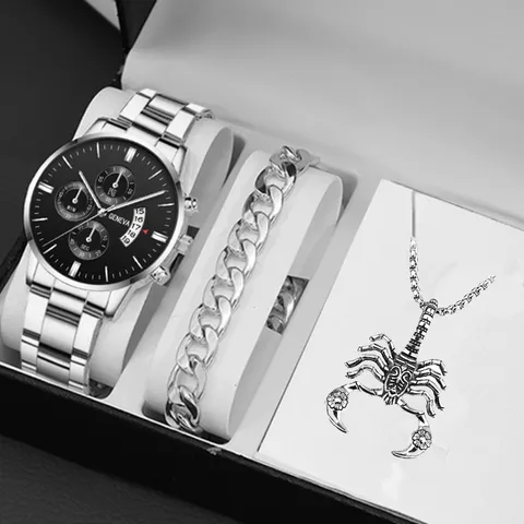 Moda Orologio al Quarzo da Uomo Cinturino in Lega di Acciaio Calendario Quadrante Grande Bracciale Collana Scorpione Set di Gioielli