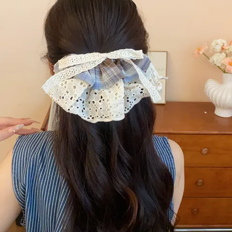 Preppy Style Coffee Plaid Fabric Scrunchie Elegant Lace Trim Hair Band Versatile Plaid Bow Hair Rope Hair Accessories For Women