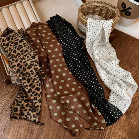 Korean Style Floral Ribbon Scarf For Women Polka Dot Leopard Print Long Chiffon Satin Thin Neck Scarf Fashion Accessories