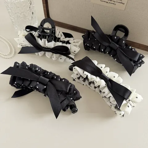Korean Polka Dot Pleated Bow Banana Clip For Women Elegant Ruffle Claw Clip Sweet High Horsetail Hair Accessories Headwear