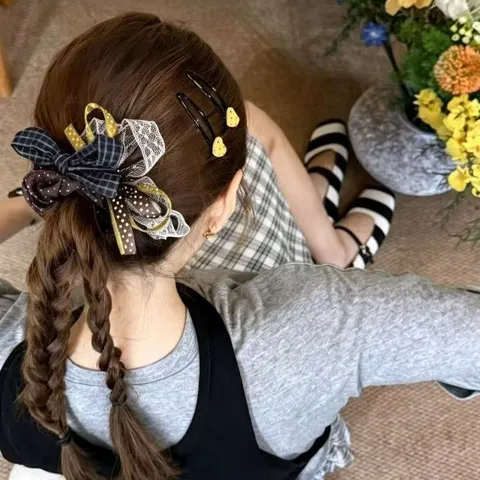 Chouchou Style Coréen Noeud à Pois et Plaid Avec Ruban en Dentelle Attache Cheveux Doux pour Femmes Filles Accessoires