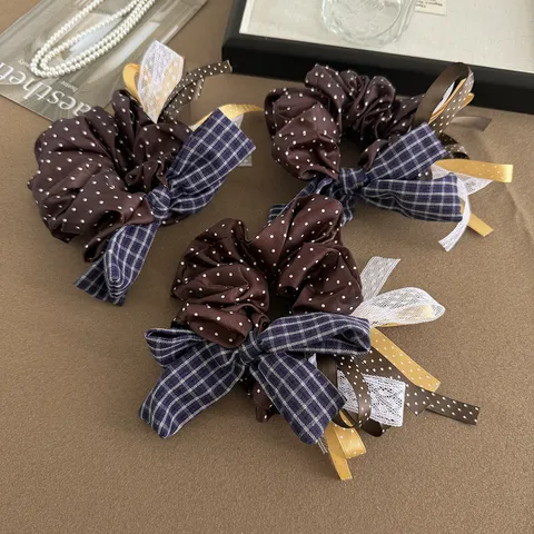 Chouchou Style Coréen Noeud à Pois et Plaid Avec Ruban en Dentelle Attache Cheveux Doux pour Femmes Filles Accessoires