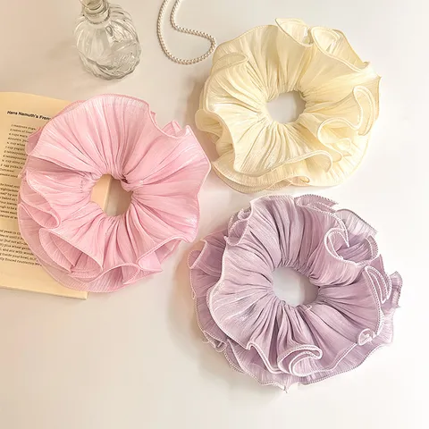 Koreaanse Stijl Grote Geplooide Overlock Satijn Stof Scrunchie Elegant Glanzend Effen Kleur Haarelastiek Voor Vrouwen Meisjes Haaraccessoires