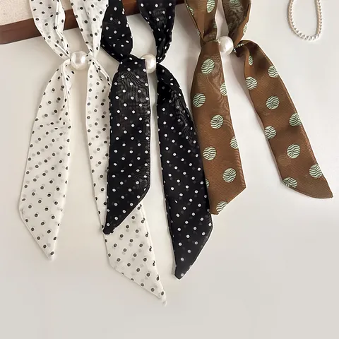 Vintage Polka Dot Fabric Hairband Bow Tie Elegant Ribbon Headband with Artificial Pearl For Women Casual Vacation Headwear Accessories