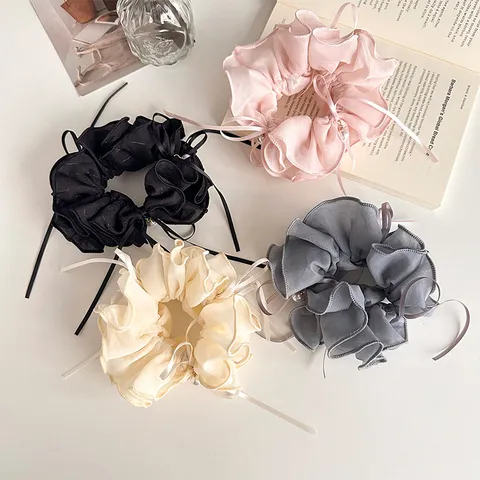 Korean Sweet Bow Ribbon Hair Scrunchie With Artificial Pearl For Women Fashion Ruffle Edge Ponytail Holder Hair Accessories
