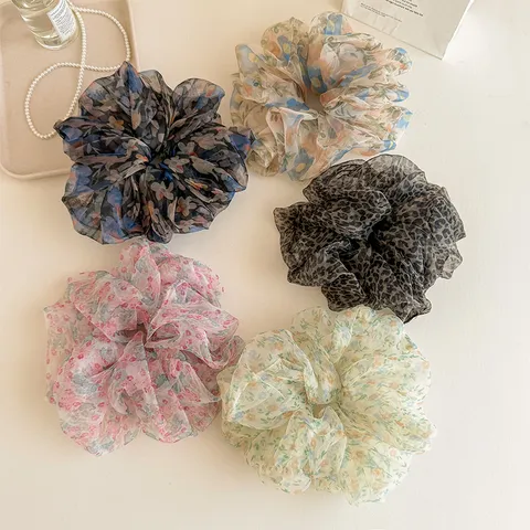 French Style Organza Large Floral Scrunchie Leopard Print High Elastic Hair Tie Ponytail Holder Elegant Hair Accessories For Women