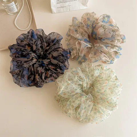 French Style Organza Large Floral Scrunchie Leopard Print High Elastic Hair Tie Ponytail Holder Elegant Hair Accessories For Women