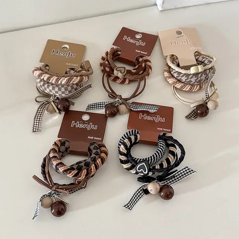 Lindas Gomas para el Pelo de Tela Estilo Coreano Juego Coleteros Elásticos Cuadros Colgante Corazón Duraderas Gomas Invisibles para Cabello Mujeres Uso Diario Accesorios