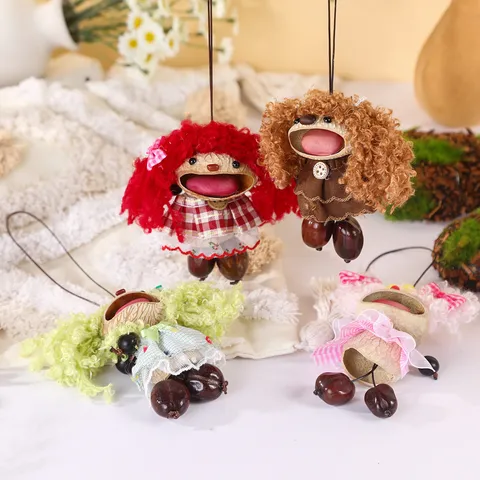 Natural Nut Shell Healing Doll Keychain Indonesian Fruit Shell Handcrafted Bag Charm Cute Wind Chime Hanging Ornament Stress Relief Gift