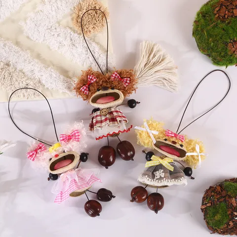 Natural Nut Shell Healing Doll Keychain Indonesian Fruit Shell Handcrafted Bag Charm Cute Wind Chime Hanging Ornament Stress Relief Gift