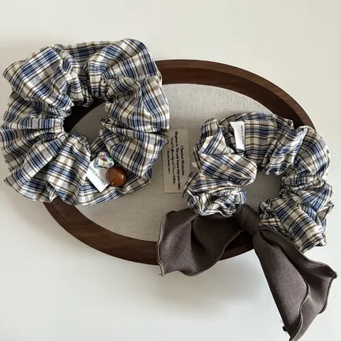 Chouchou en Tissu Écossais Rétro Avec Ruban Nœud Élégant Élastique Cheveux Strass Cœur Accessoire Cheveux Mode Coréenne Femme