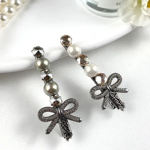Sweet Alloy Rhinestone Hair Clip Elegant Artificial Pearl Bowknot Side Duckbill Clip Luxury Hair Accessories For Women