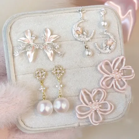 Pink Flower Stud Earrings For Women Shiny Rhinestone Floral Earrings Sweet Elegant Accessory Jewelry Gift For Girls Fashion Ear Studs