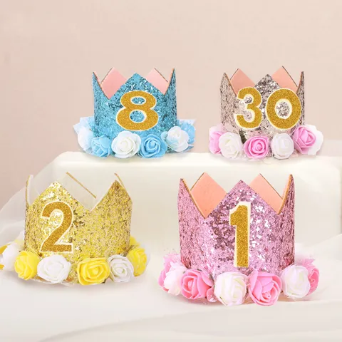 Glitzer Pailletten Blumenkrone Geburtstag Hut Kinder Prinzessin Geburtstagsparty Krone Stirnband Fotografie Requisiten Kuchendeko Hut