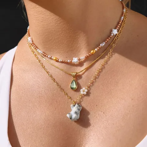 Luxury Stainless Steel Zirconia Necklace For Women Emerald Cut Green Stone Heart Cat Bow Pearl Pendant Necklaces Jewelry