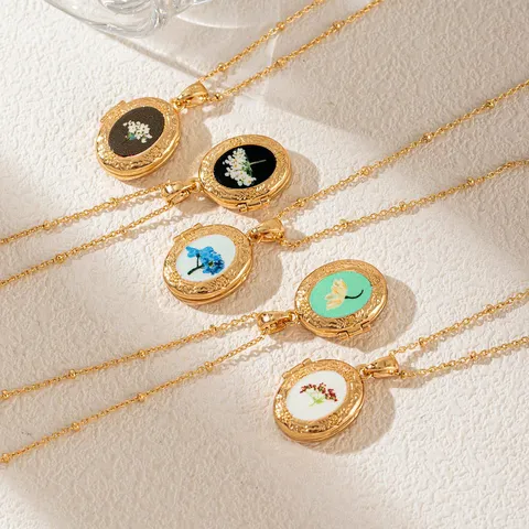 Vintage 14k Gold Plated Copper Oval Locket Necklace Dried Flower Floral Pendant For Women Retro Necklaces Jewelry Gift