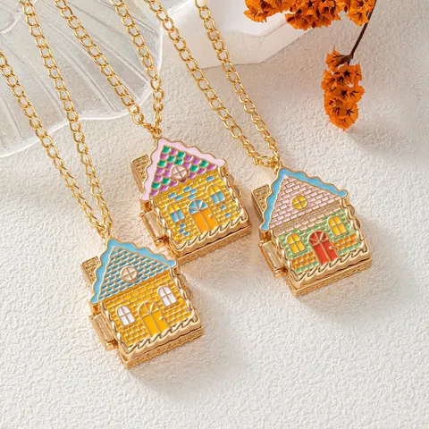 Vintage Kupfer Emaille Haus Medaillon Anhänger Halskette Vergoldet Strass Märchen Lebkuchenhaus Öffnende Halskette Schmuck