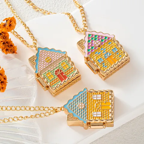 Vintage Kupfer Emaille Haus Medaillon Anhänger Halskette Vergoldet Strass Märchen Lebkuchenhaus Öffnende Halskette Schmuck