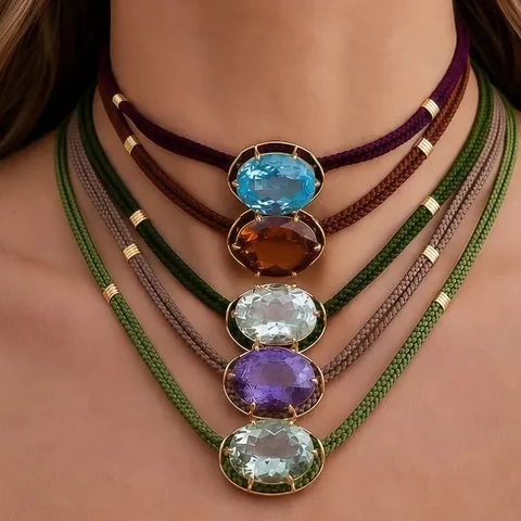 French Vintage Colorful Woven Rope Chain Oval Zirconia Necklace For Women Men Geometric Chic Dopamine Style Neck Jewelry