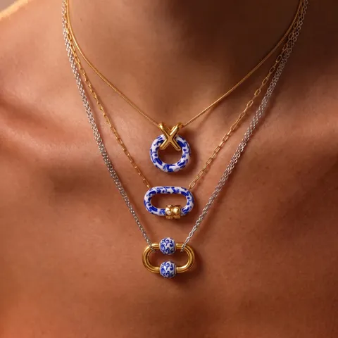 Collar de Acero Inoxidable Porcelana Azul y Blanca Oro Plata Empalme Cadena en Capas Chapado en Oro 18K Joyas Mujer