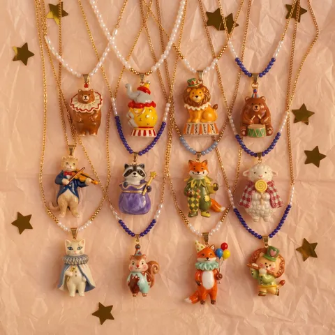 Collar Con Pendentif De Animal De Circo De Dibujos Animados Lindo Vintage Para Mujeres Cadena De Cuentas De Perlas Artificiales De Cobre León Elefante Oso Pájaro Joyería