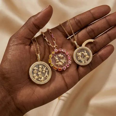 Collier Pendentif Médaillon Rond Croissant de Lune Plaqué Or Cuivre DIY Breloques Animaux Flottantes Bijoux Strass Cadeau Femme