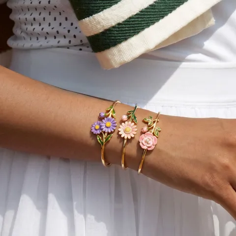 Niche Stainless Steel Open Bangle For Women Gold Vacuum Plated Flower Enamel Cuff Bracelet Romantic Rhinestone Botanical Floral Handmade Jewelry Gift