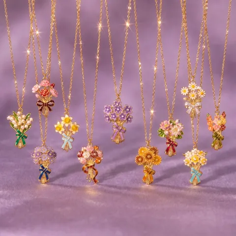 Geburtsmonat Blumenstrauß Anhänger Halskette Für Damen Emaille Floral Schmuck Vergoldet Kupfer Halskette Einzigartiges Geschenk