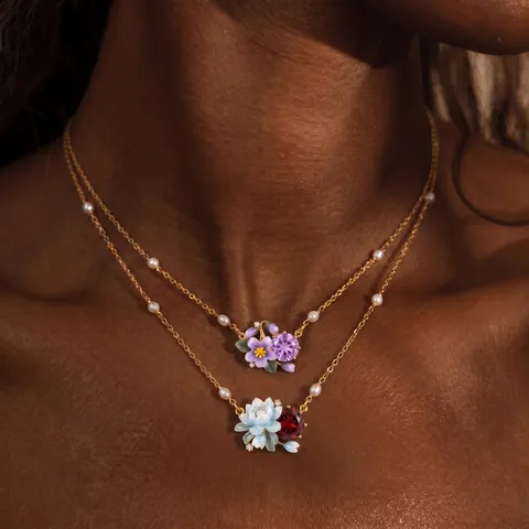Vintage Enamel Birth Flower Necklace For Women Copper Gold Plated Double Layer Chain Necklace With Rhinestones And Artificial Pearls Jewelry Gift