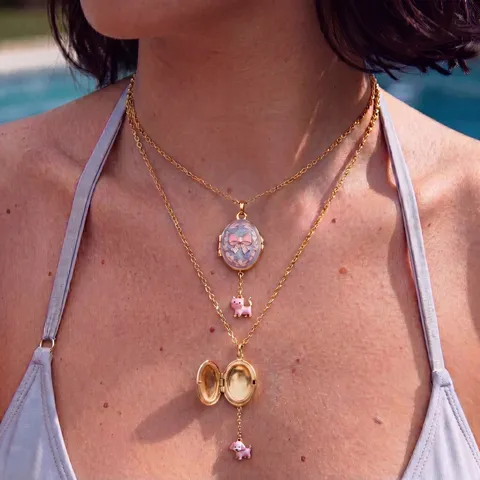 Vintage Copper Oval Locket Pendant Necklace With Enamel Animal Charms Cat Dog Sheep Rhinestone Inlaid Gold Plated Jewelry For Women