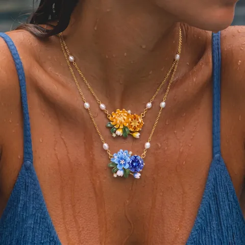 Vintage Enamel Birth Flower Necklace For Women Copper Gold Plated Double Layer Chain Necklace With Rhinestones And Artificial Pearls Jewelry Gift