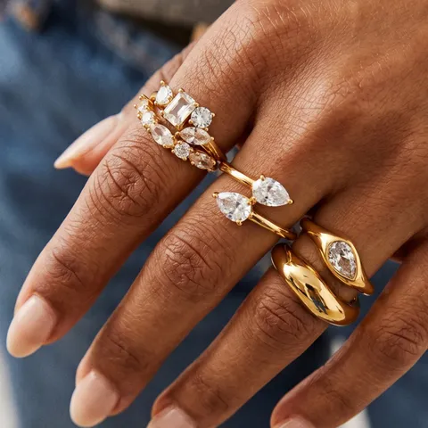 Geometric Stainless Steel Open Ring For Women Gold Plated Irregular Geometric Rhinestone Adjustable Niche Style Finger Ring Gift Jewelry