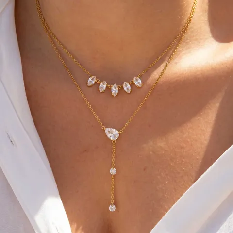 Collar en Y de Acero Inoxidable con Strass para Mujer Colgante de Corazón Gota Ovalado Chapado en Oro 18K Joyería Regalo