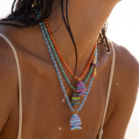 Ocean Little Fish Beaded Necklace Macaron Color Copper Pendant Electroplated Gold Jewelry For Women Girls Summer Beach Casual