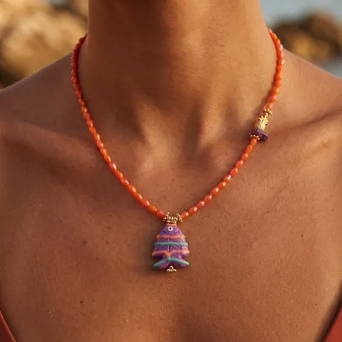 Ocean Little Fish Beaded Necklace Macaron Color Copper Pendant Electroplated Gold Jewelry For Women Girls Summer Beach Casual
