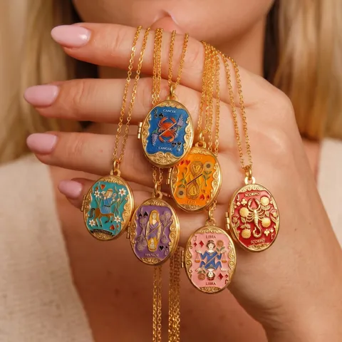 Retro Copper Gold Plated Zodiac Locket Necklace Enamel Oval Opening Pendant For Women Men Fashion Jewelry Gift