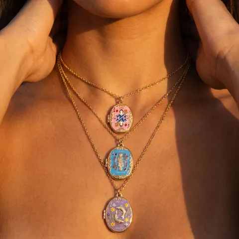 Retro Copper Gold Plated Zodiac Locket Necklace Enamel Oval Opening Pendant For Women Men Fashion Jewelry Gift