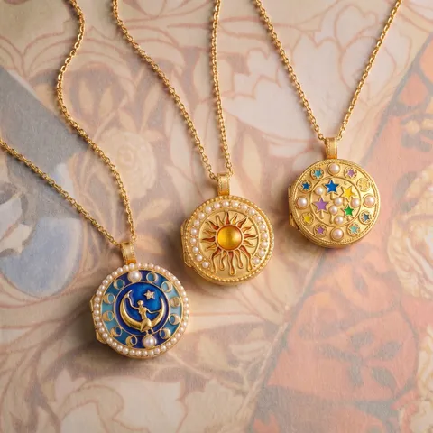 Vintage Kupfer Galvanisiert Gold Medaillon Anhänger Halskette Mit Emaille Künstliche Perle Stern Mond Sonne Muster Schmuck Für Unisex