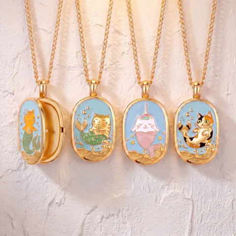 Fantasy Mermaid Cat Copper Locket Necklace Gold Plated Enamel Animal Locket Pendant For Women Vintage Cat Lover Jewelry Gift