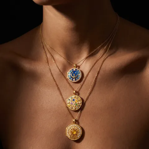 Vintage Kupfer Galvanisiert Gold Medaillon Anhänger Halskette Mit Emaille Künstliche Perle Stern Mond Sonne Muster Schmuck Für Unisex