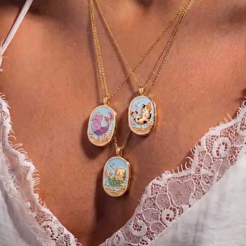 Fantasy Mermaid Cat Copper Locket Necklace Gold Plated Enamel Animal Locket Pendant For Women Vintage Cat Lover Jewelry Gift