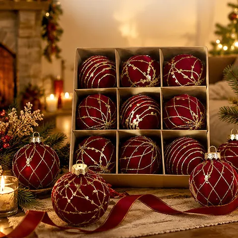 Luxury Flocked Velvet Christmas Balls Ornaments Hand Painted Gold Glitter Sequins Xmas Tree Hanging Baubles Set For Holiday Party Home Decor