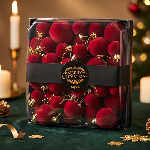 Classical Flocked Velvet Christmas Ball Ornaments Plastic Matte Hanging Baubles For Tree Holiday Party Home Decor Boxed Set